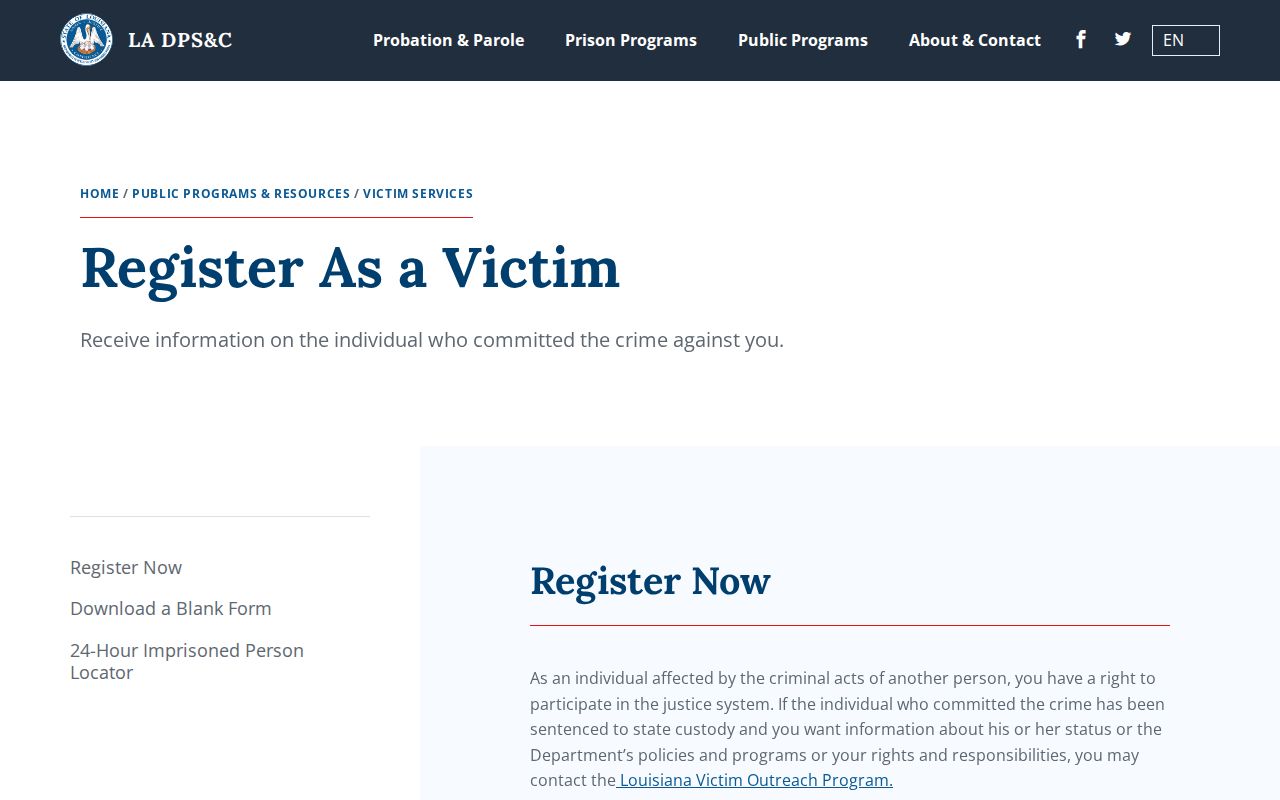 Louisiana LAVO registration for formal state-prison release notices