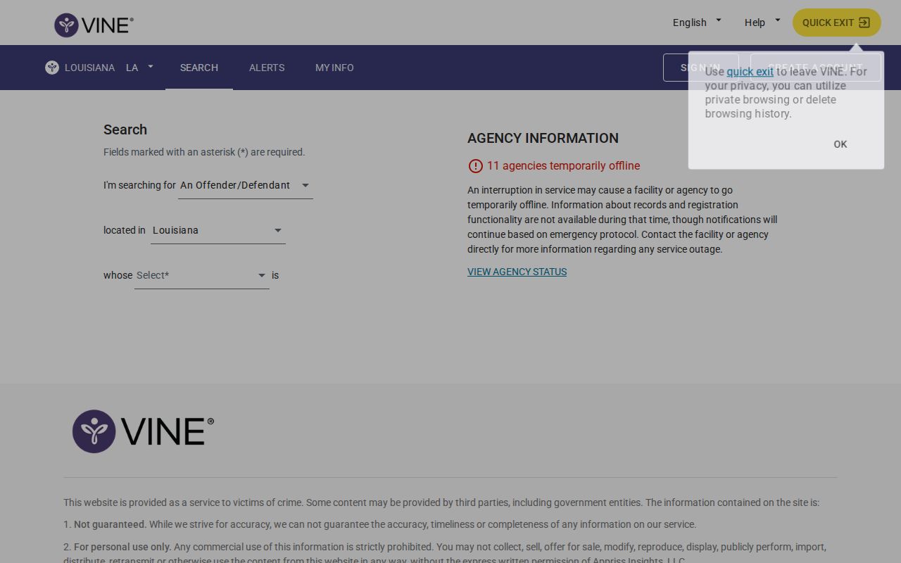 Louisiana LA VINE search for released inmates and supervision records